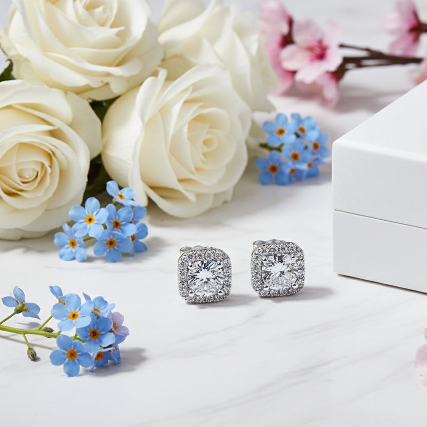 Korean Quadrilateral Design 2 Carat Moissanite Diamond Earrings set in 925 Silver (GRA)