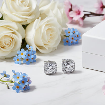 European Quadrilateral 2 Carat Moissanite Earrings set in Platinum Plated 925 Silver (GRA) Capella Reya front image