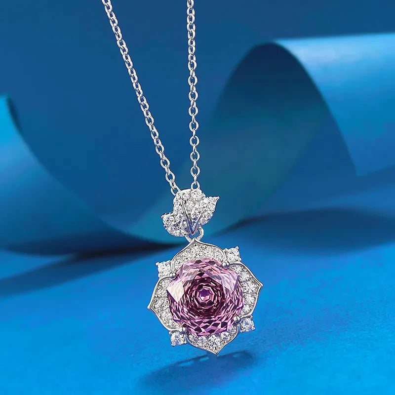 Violet Rose Pendant 5 Carat Large Natural Zircon Necklace set in 18K White Gold Plated 925 Silver Capella Reya pic 8