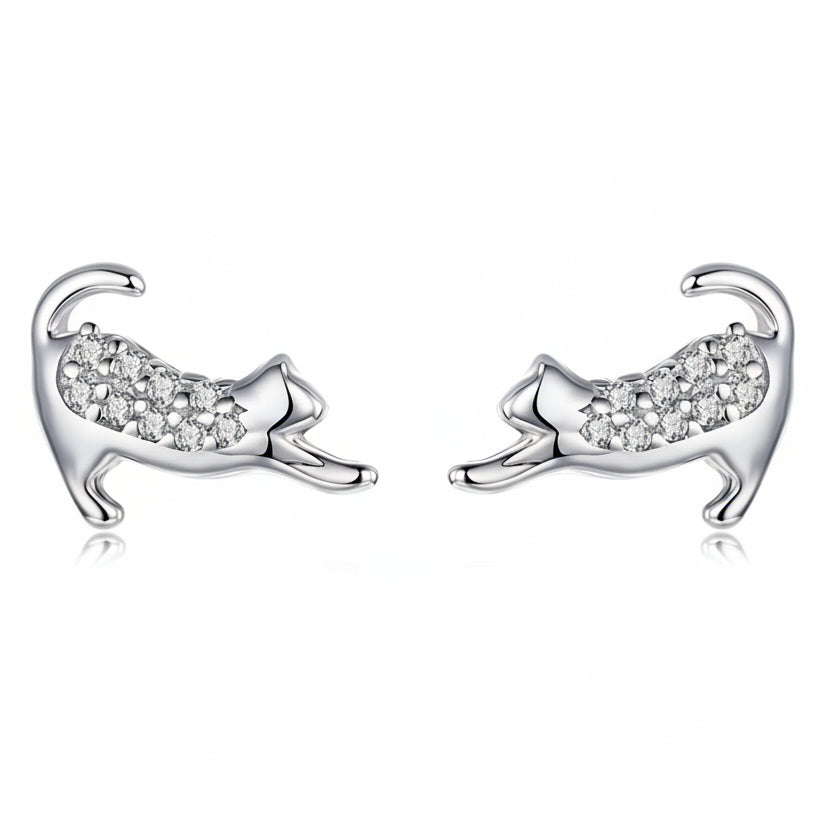 French Mini Cat Design Micro Natural Zircon Gemstone Earrings set in Platinum Plated 925 Silver