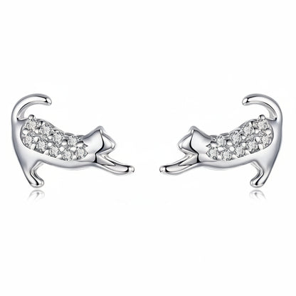 French Kitty Cat Design Micro Inlay Natural Zircon Gemstone Earrings set in Platinum Plated 925 Silver Capella Jewellery