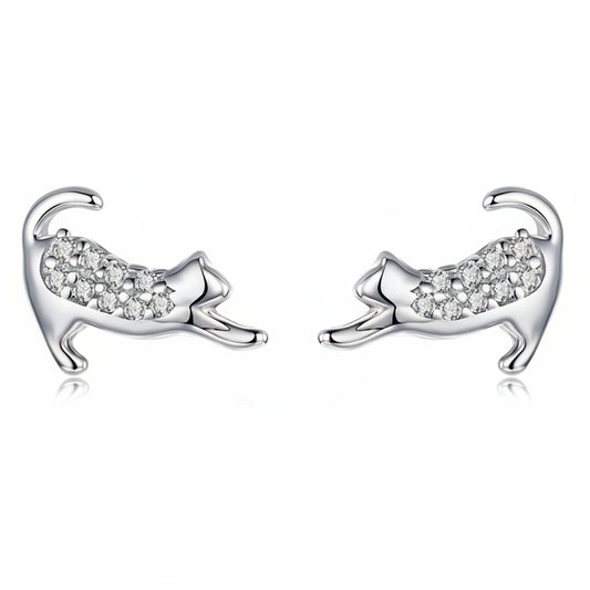 French Kitty Cat Design Micro Inlay Natural Zircon Gemstone Earrings set in Platinum Plated 925 Silver