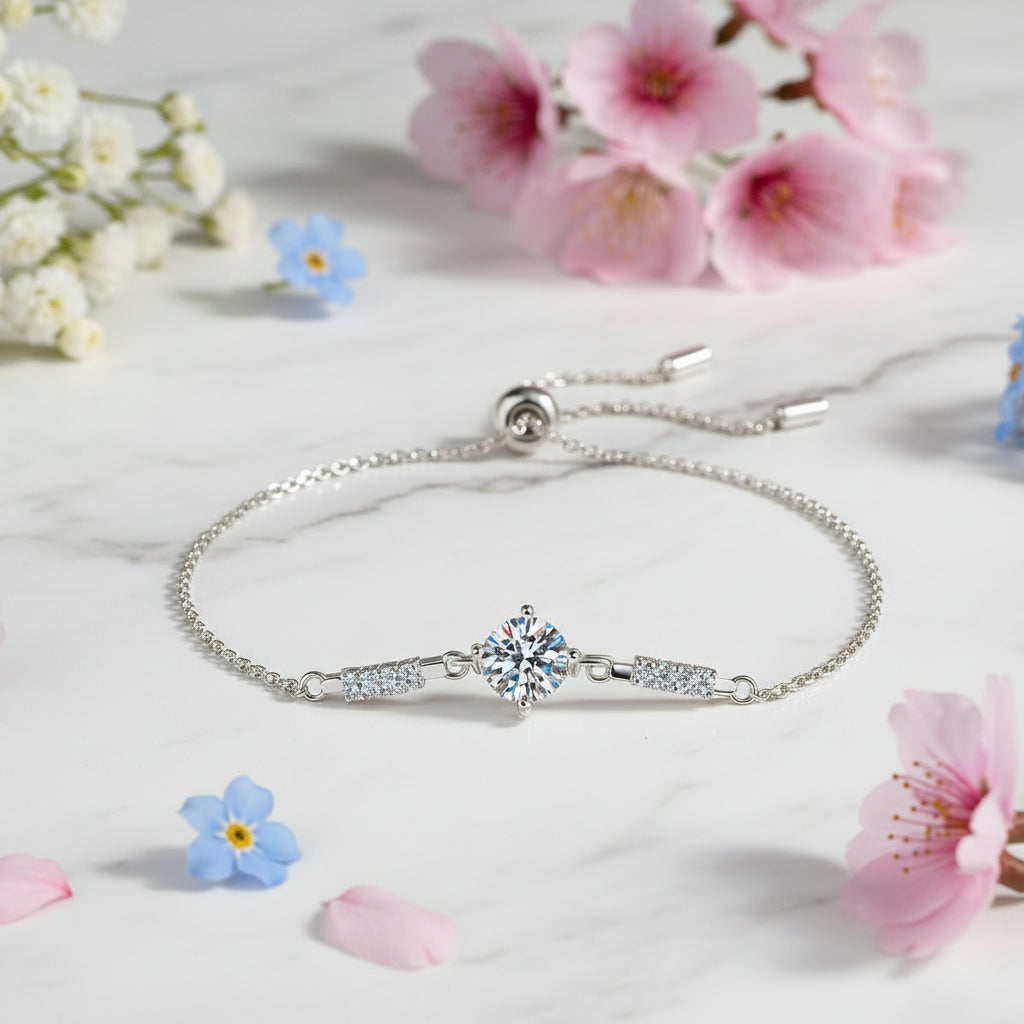Classic Four Claw 1 Carat Moissanite Diamond Bracelet set in Platinum Plated  925 Silver (GRA)
