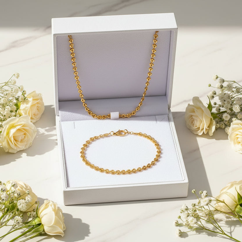 18K Gold Plated Stainless Steel Hollow Love Woven Necklace and Bracelet Set
