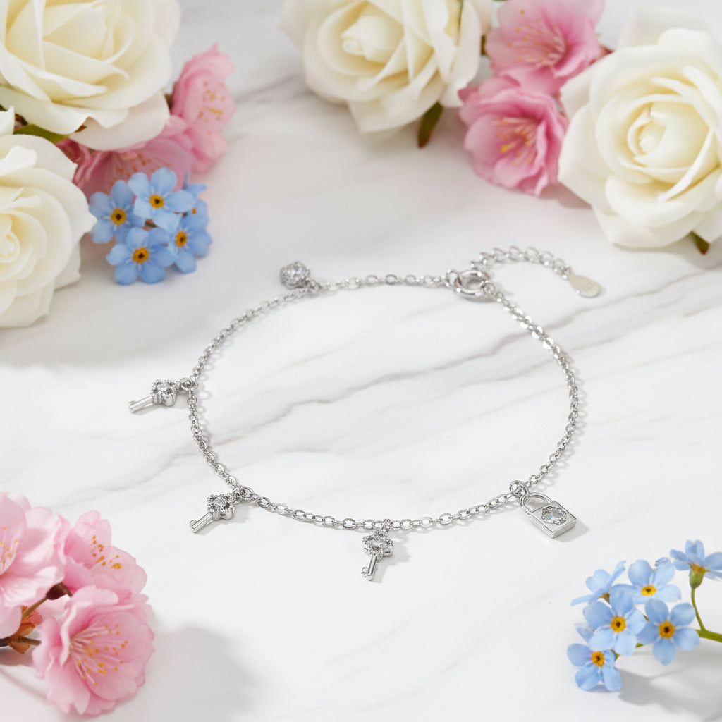Lock & Key Design Natural Inlay Zircon Gemstone Bracelet set in Platinum Plated 925 Silver