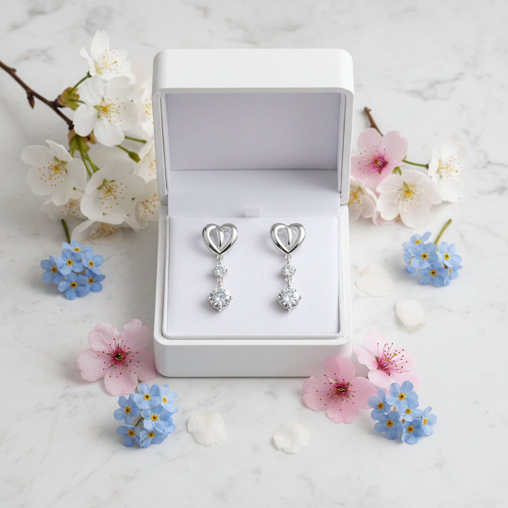 Elegant Heart 2.6 Carat Moissanite Diamond Four-Claw Earrings set in 925 Sterling Silver (GRA)