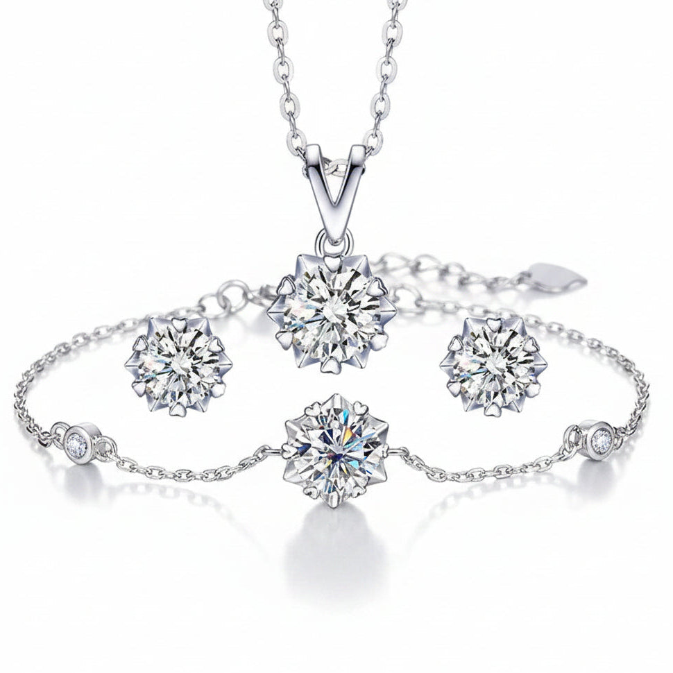 Snowflake Moissanite Earrings/Necklace/Bracelet set in 18K White Gold Plated 925 Silver (GRA) Capella Reya pic 1