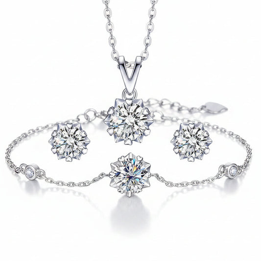 Snowflake Moissanite Diamond Earrings/Necklace/Bracelet set in 18K White Gold Plated 925 Silver (GRA)
