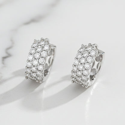Mosaic Italian Design Micro Inlaid Moissanite Earrings set in Platinum Plated 925 Silver (GRA) Capella Reya close up above