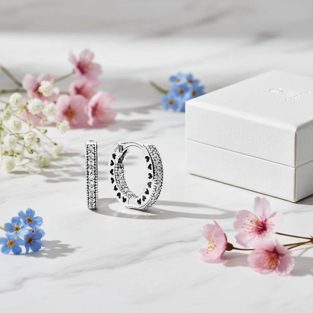 Heart Pave Micro Inlaid Natural Zircon Gemstones Hoop Earrings set in 925 Sterling Silver