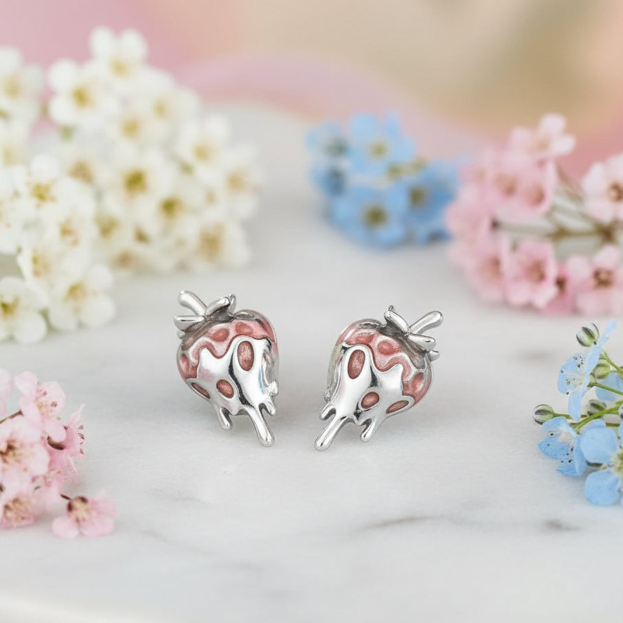 Silver Dipped Strawberry Enamel Earrings set in 18K White Gold Plated 925 Sterling Silver