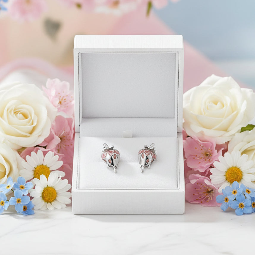 Silver Dipped Strawberry Enamel Earrings set in 18K White Gold Plated 925 Sterling Silver Capella Reya pic 2