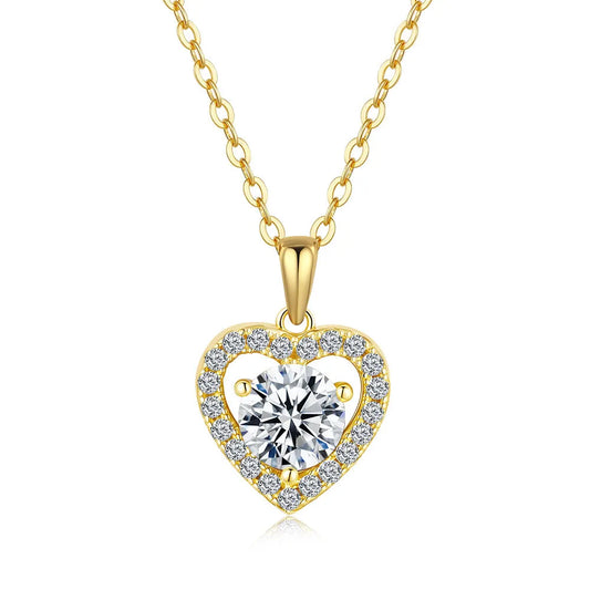 Italian Clavicle Heart 1 Carat Moissanite Diamond Pendant set in 18K Gold Plated 925 Sterling Silver (GRA)