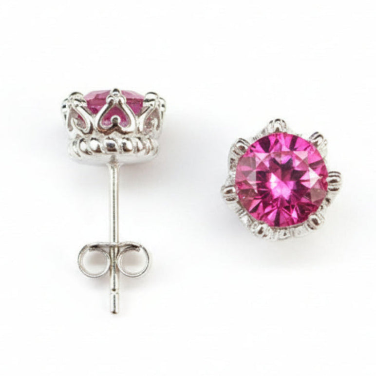 Pink Royal Crown 6mm Topaz Gemstone Earrings set in 18K White Gold Plated 925 Sterling Silver Capella Jewellery