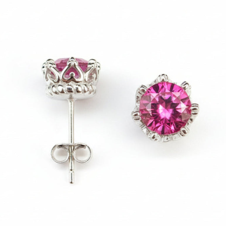 Pink Royal Crown 6mm Topaz Stone Earrings set in 18K White Gold Plated 925 Sterling Silver