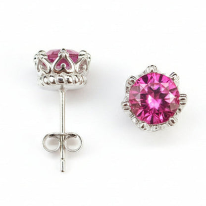Pink Royal Crown 6mm Topaz Gemstone Earrings set in 18K White Gold Plated 925 Sterling Silver Capella Jewellery