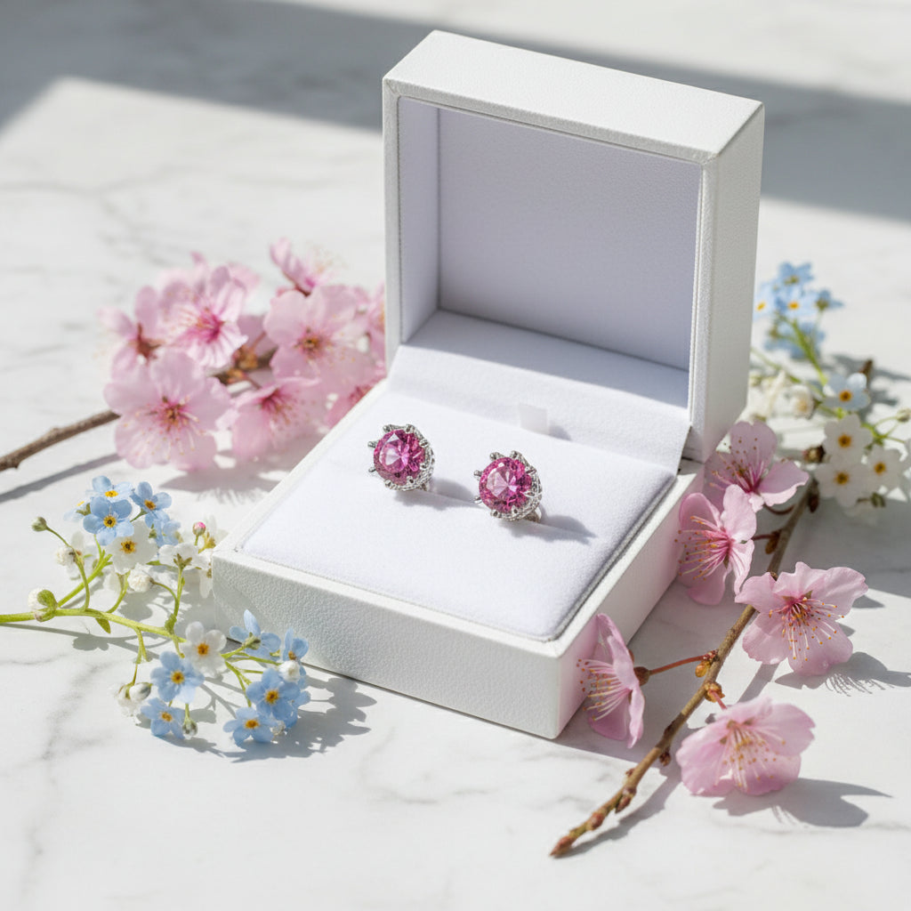 Pink Royal Crown 6mm Topaz Stone Earrings set in 18K White Gold Plated 925 Sterling Silver