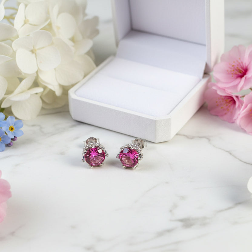 Pink Royal Crown 6mm Topaz Stone Earrings set in 18K White Gold Plated 925 Sterling Silver