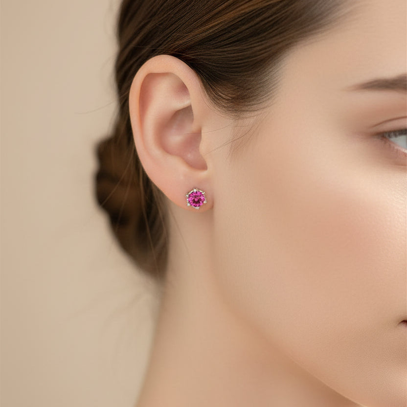 Pink Royal Crown 6mm Topaz Stone Earrings set in 18K White Gold Plated 925 Sterling Silver