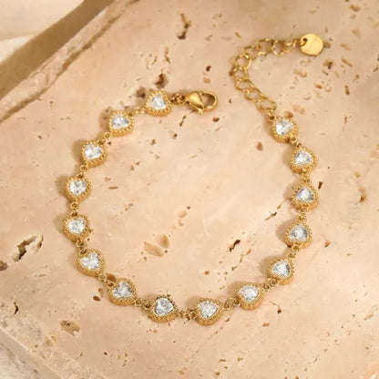 Elegant Italian Hearts Natural Zircon Gemstone Charm Bracelet set in 18K White Gold plating Capella Jewellery