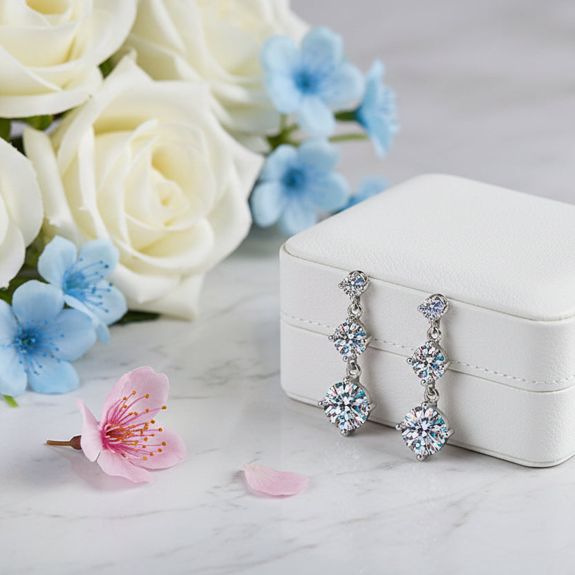 Three Tier Italian Inspired 3.2 Carat Moissanite Earrings set in Platinum plated 925 Silver (GRA) Capella Reya pic 3