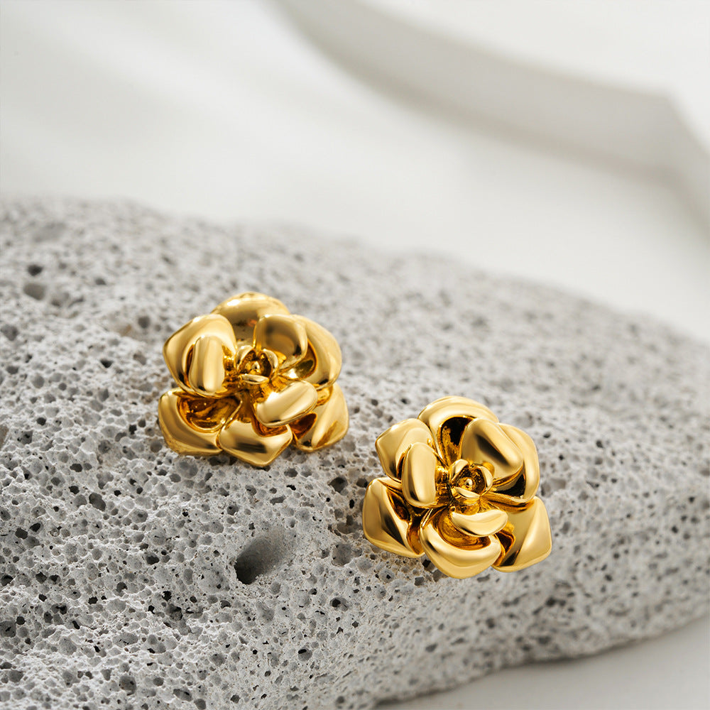 18K Gold Plated Camellia Retro Stud Earrings