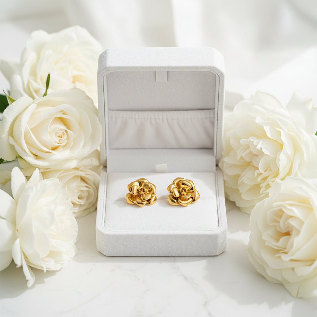 Italian InspiredCamellia Flower Retro Design Stud Earrings set in 18K Gold Plated Capella Jewellery
