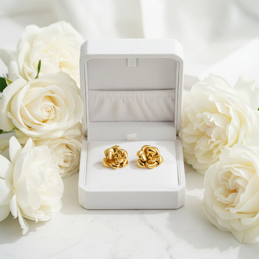 Italian InspiredCamellia Flower Retro Design Stud Earrings set in 18K Gold Plated