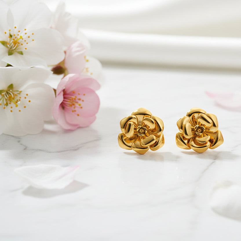 Italian Design Camellia Flower Retro Stud Earrings set in 18K Gold Plated
