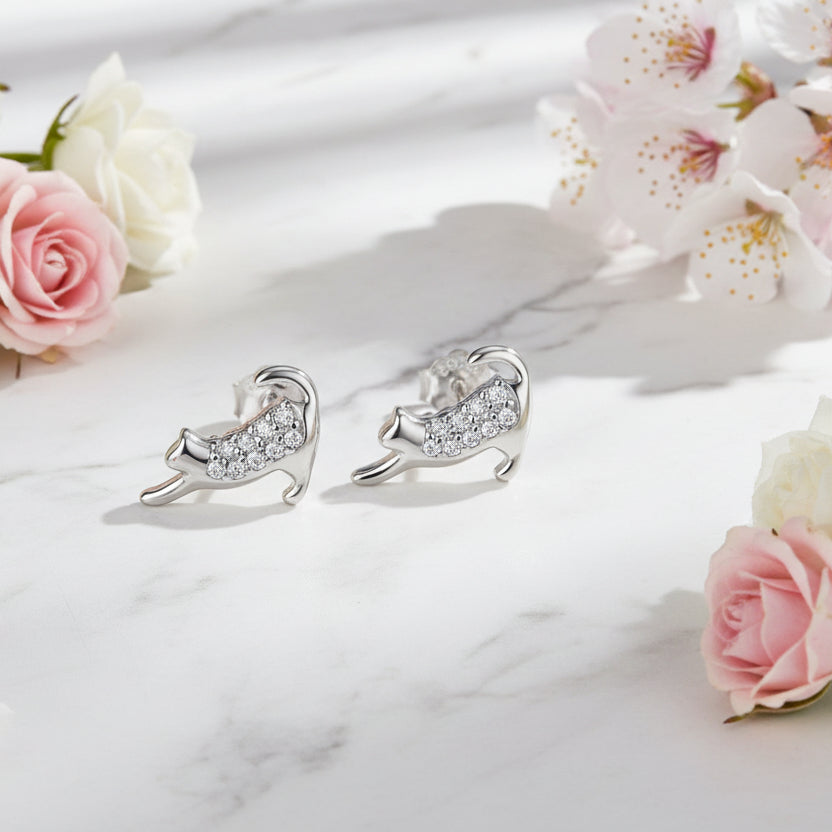 French Mini Cat Design Micro Natural Zircon Gemstone Earrings set in Platinum Plated 925 Silver