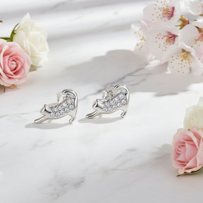 French Kitty Cat Design Micro Inlay Natural Zircon Gemstone Earrings set in Platinum Plated 925 Silver Capella Jewellery