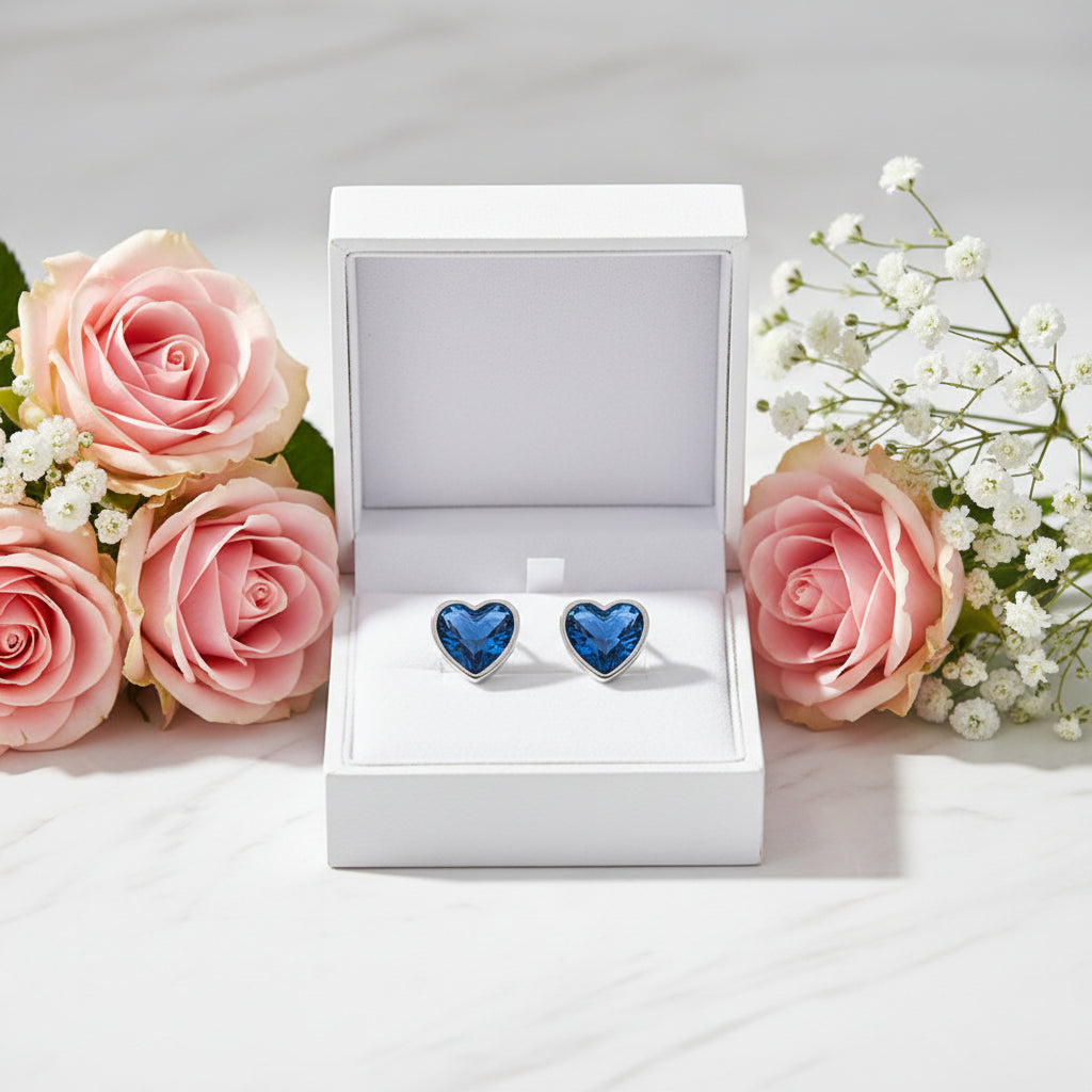 Dark Blue Heart Shaped Natural Zircon Crystal Necklace / Bracelet / Earrings set in 925 Silver