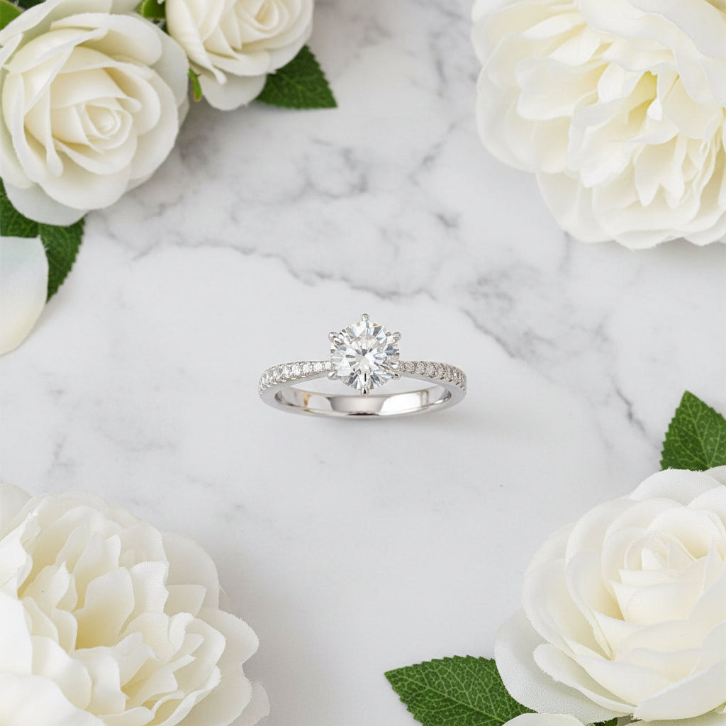 European Engagement Ring Design 3 Carat Moissanite Diamond set in Platinum Plated 925 Silver (GRA)