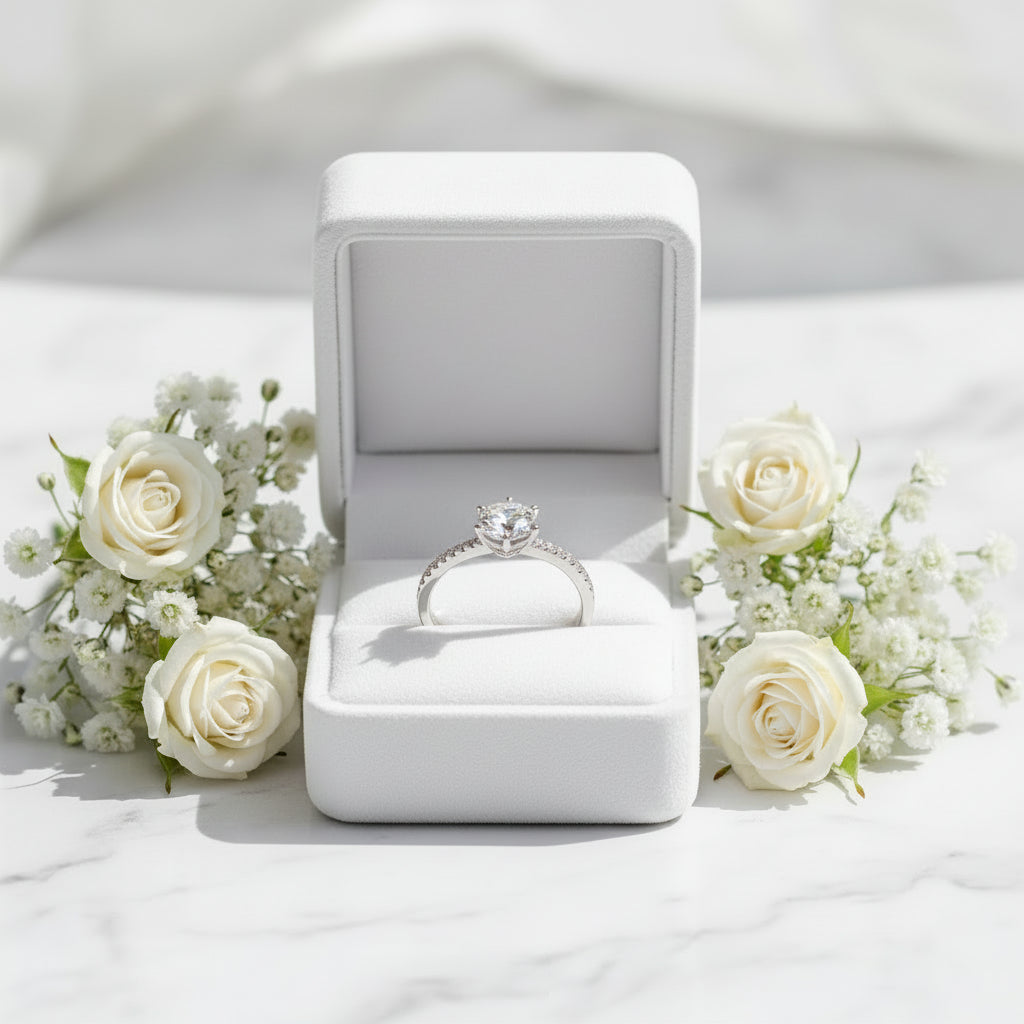 European Engagement Ring Design 3 Carat Moissanite Diamond set in Platinum Plated 925 Silver (GRA)