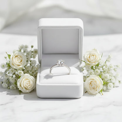 European Pavé Inlay Solitaire Ring 3 Carat Moissanite set in Platinum Plated 925 Silver (GRA) Capella Jewellery