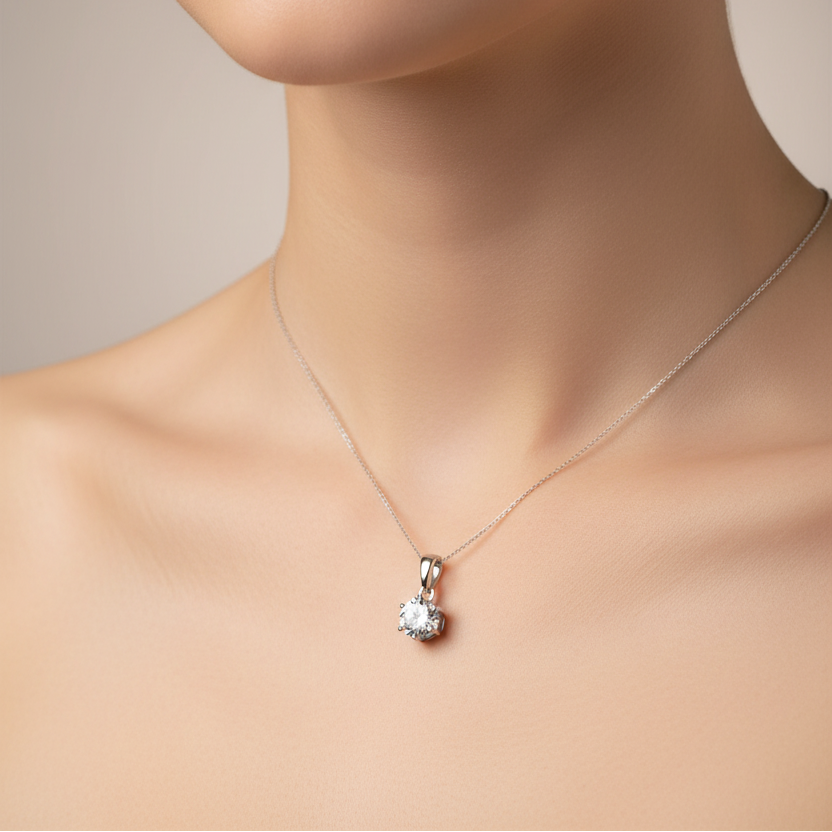 French Designed Six Claw Pendant 2 Carat Moissanite Diamond Necklace set in 925 Silver (GRA)