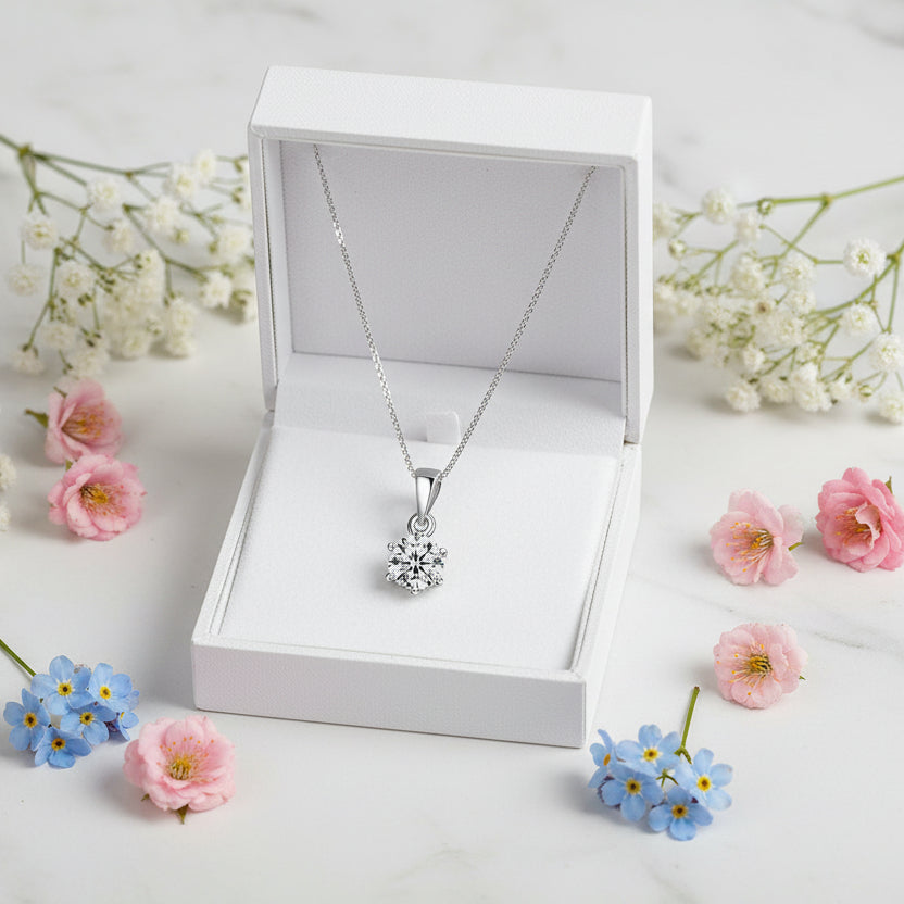 French Designed Six Claw Pendant 2 Carat Moissanite Diamond Necklace set in 925 Silver (GRA)