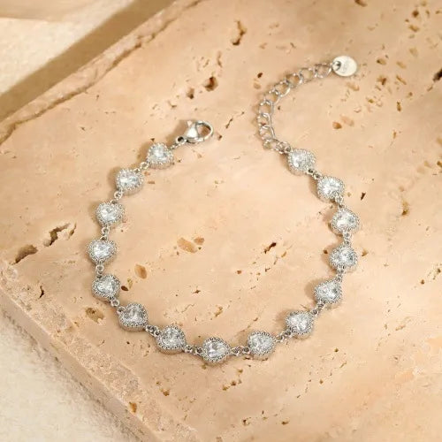 Elegant Italian Hearts Natural Zircon Gemstone Charm Bracelet set in 18K White Gold plating Capella Jewellery