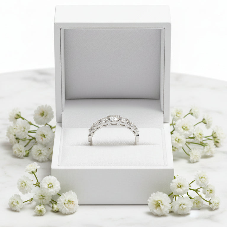 European Seven Stone 0.5 Carat Moissanite Diamond Ring set in Platinum Plated 925 Silver (GRA)