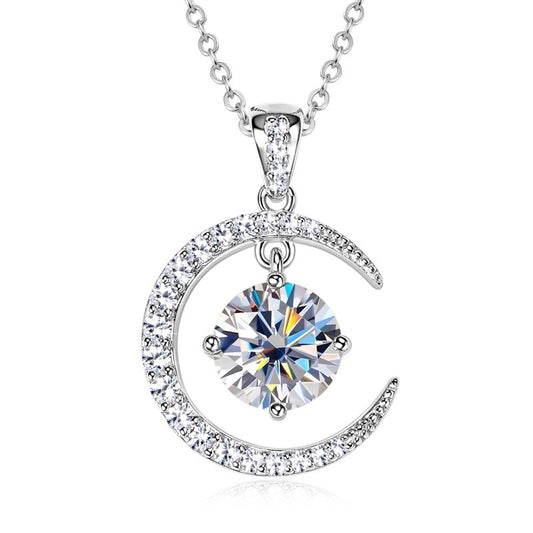 Crescent Moon & Star 2.3 Carat Moissanite Diamond Necklace set in 18K White Gold Plated 925 Silver (GRA)