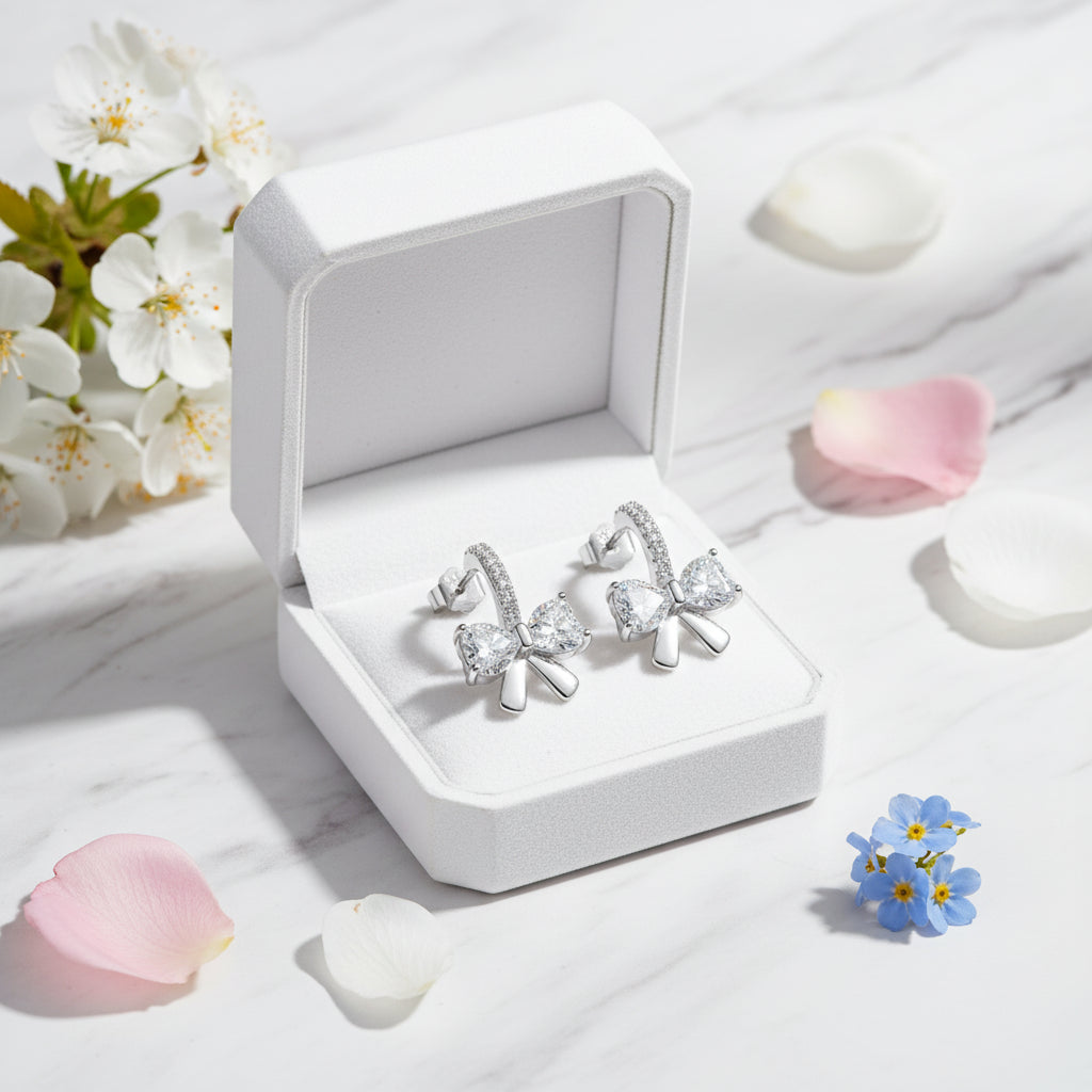 Bow Inspired Micro Inlaid Natural Zircon Gemstone Earrings set in Platinum Plated 925 Silver