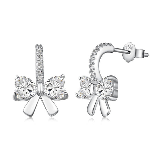 French Bow Inspired Pave Micro Inlaid Natural Zircon Gemstone Earrings set in Platinum Plated 925 Silver
