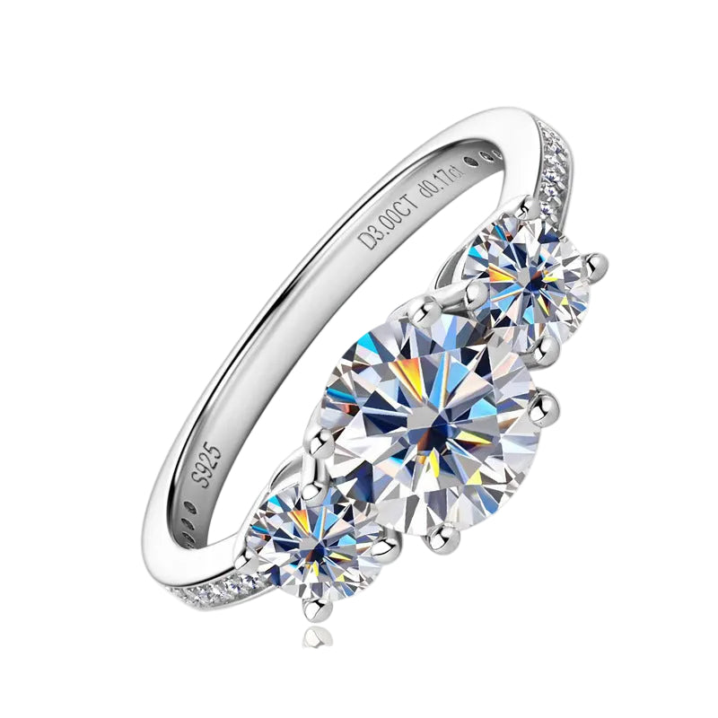 Italian Three Stone 3 Carat Moissanite Diamond Ring set in 18K White Gold Plated 925 Silver (GRA)