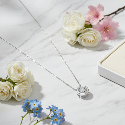 Classic European Round 1 Carat Moissanite Necklace set in 18K White Gold Plated 925 Silver (GRA) Capella Jewellery