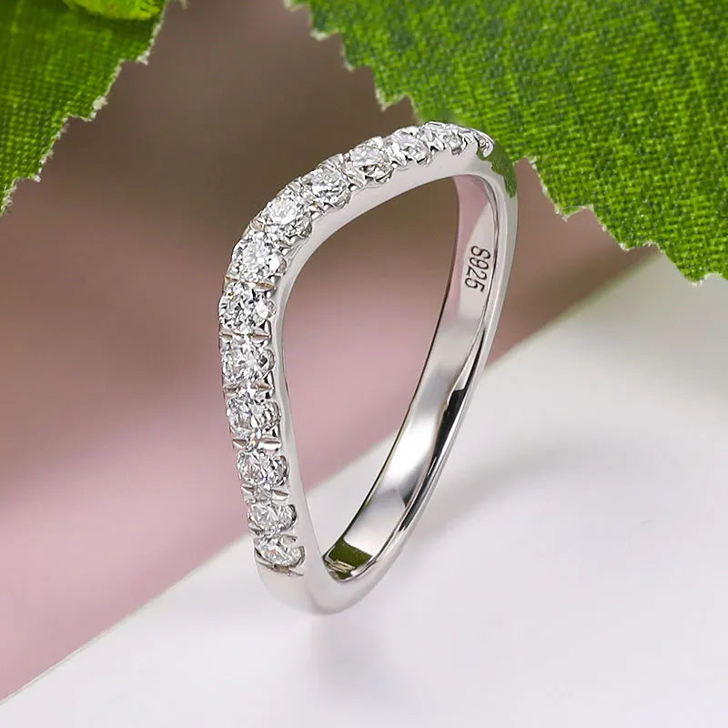 French V-Shaped Ring 13 Pave Micro Moissanite Diamonds set in Platinum Plated 925 Silver (GRA)