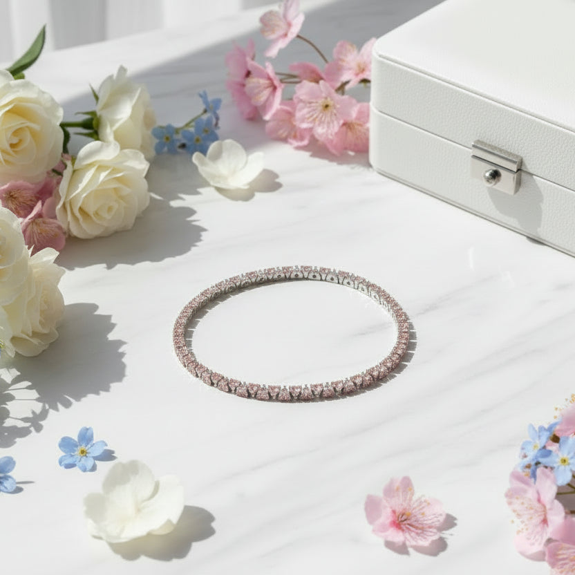 American Design Pink or White Hearts Natural Zircon Gemstone Bracelet set in 925 Silver