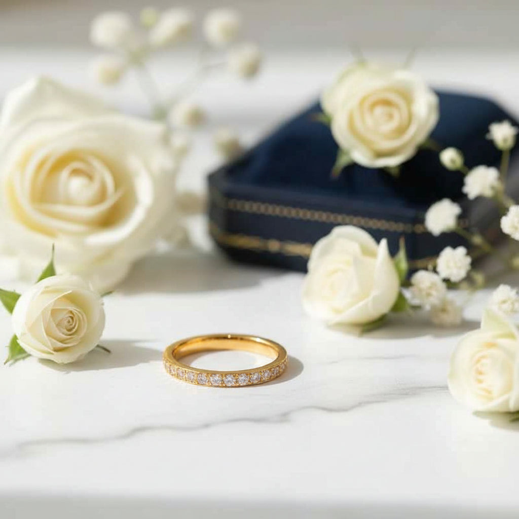 Italian Eternity Ring Full Circle Micro-inlaid Natural Zircon Gemstones set in 18K Gold Plating