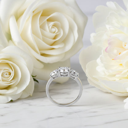 French Three Stones Design 4 Carat Moissanite Ring set in 18k White Gold Plated 925 Silver (GRA) Capella Jewellery