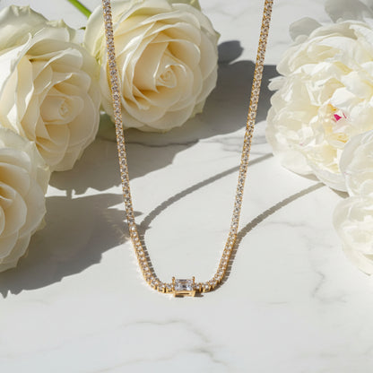 Square French Natural Zircon Gemstone Tennis Chain Bracelet/Necklace set in 18K Gold Plating Capella Jewellery