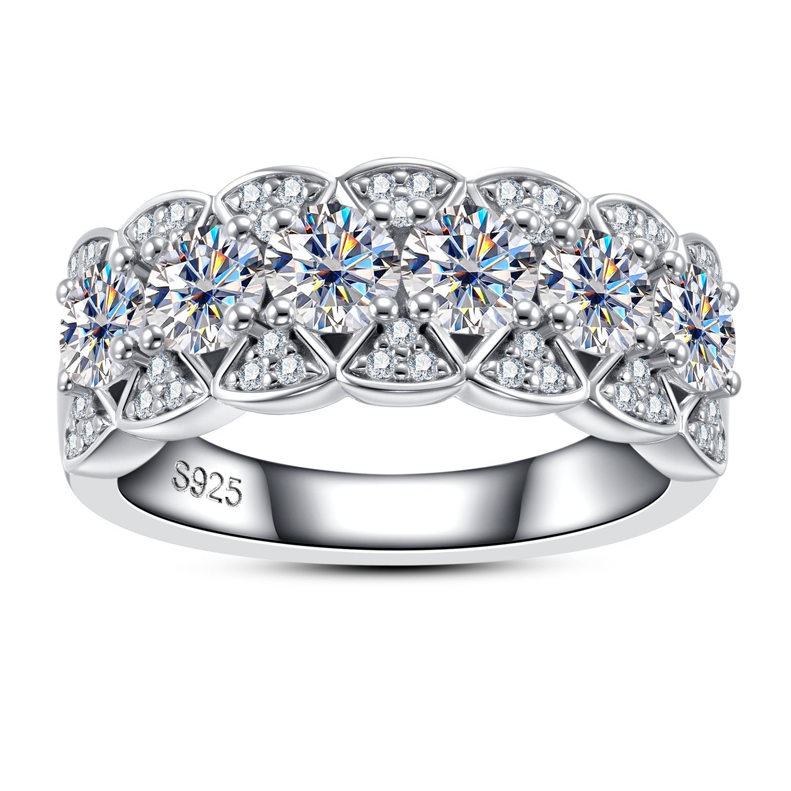 French Half Eternity Ring 2 Carat Moissanite Diamond set in 18K White Gold Plated 925 Silver (GRA)